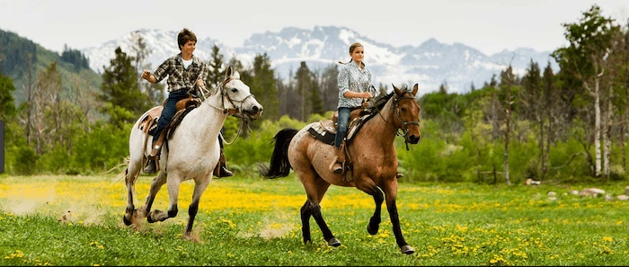 Confident plus-size woman riding Brockenhurst a horse through a field with a smile on her face.